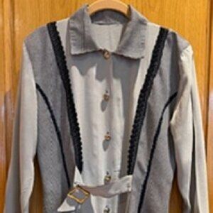 Women Long Tunic Blouse Top Gray/Black Silver Buttons & Buckle Sz: M